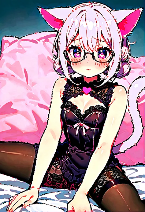 I have white pink hair, cat ears, a bun, my face is super blushing, black glasses, pink heart eyes, and if you could, in lingerie, black stockings, a cat&#39;s tail, a very shy girl, that you are lying on your bed how suspicious it is very small