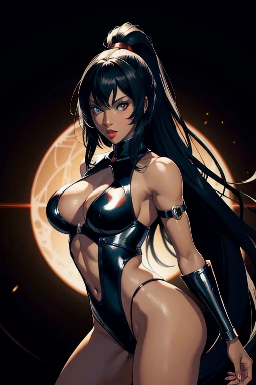 1 Black Girl as Sheeva Mortal Kombat , cospley Vampirella, star eye, black long hair, black eyes, engine unreal, side lighting, face detailed, , shining skin, simple background, darkness background, complete body