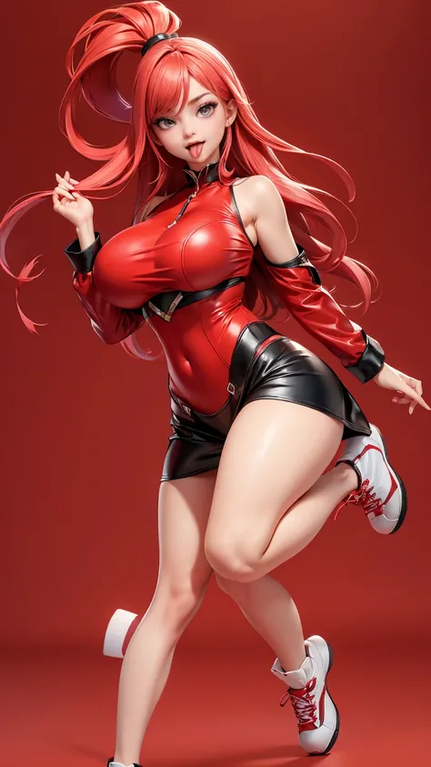 ((full_body))、Woman、red_background、big_breasts、Detailed、POP、vivid、pose、(out_tongue:1.5)、underboob