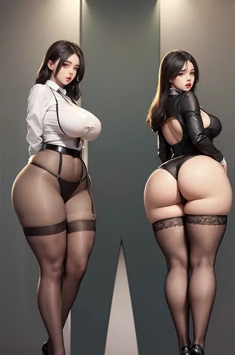 A curvaceous, cute and skinny super large biggest thick ass realist secretary with legs apart, dressed in a sexy tight-fitting suspender belt that hugs her voluptuous large and thick hips and round huge thick ass . perky breasts, . pantyhose, big and thick...