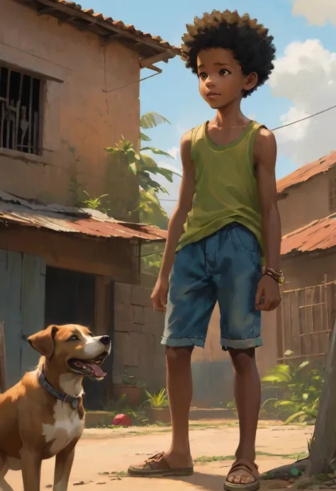 A poor Afro-Brazilian boy in a typical Brazilian house drawn by Todd McFarlane and Greg Capullo, he is wearing old and torn clothes, he is playing with a soccer ball and playing with his dog, a backyard of a typical Brazilian house in the background, brown...