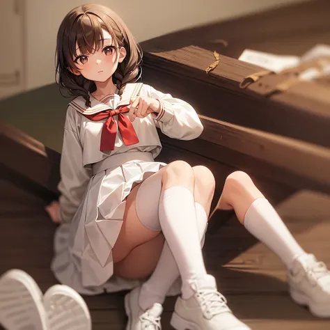 1girl,teenage,solo,brown eyes,ahoge,brown hair,braid,twin braids,long braid,bowknot,white sailor collar,black neckerchief,white ,red coat,open clothes,white pleated skirt,white skirt,white socks,white shoes,white footwear,pointy ears,