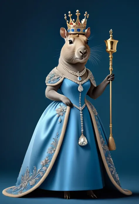 Photorealistic capivara of dressed animals - an artist)) blue capivara queen, (Full-body image:1.5), Wearing a luxurious bag-back dress,(wearing luxury crown),holding scepter, Old-fashioned luxury clothing, detailed and opulent description of a king&#39;s ...