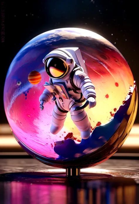 Chibi model mini astronaut, Wearing a spacesuit, Reading a book in space,Photorealistic surrealist style, Abstract color sculptor, Poured, Fluid and loose, Sci-fi influenced, Carved cartoon icon art, 3D Pixar style painting, planet in space, isolated, Expl...