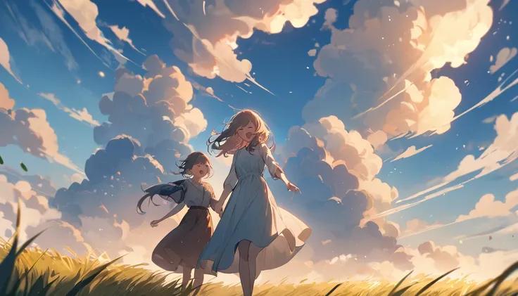 masterpiece, Highest quality, Movie stills, 1 Girl, Cloud Girl,Two Girls, Two good friends , Floating in the sky, close, bright, Happy, Warm and soft lighting, blue sky, (spark:0.7), Vast grassland