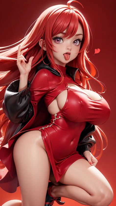 ((full_body))、Woman、red_background、big_breasts、Detailed、POP、vivid、pose、(out_tongue:1.5)、underboob、dress