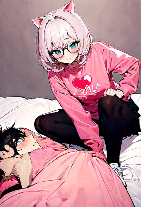 I have white pink hair, cat ears, A good, my face is super red, black glasses, pink heart eyes, a big pink sweatshirt, a black skirt, black stockings, White shoes, A cat&#39;s cola, a woman. Very shy in his bed on his knees, his bubbles grab you