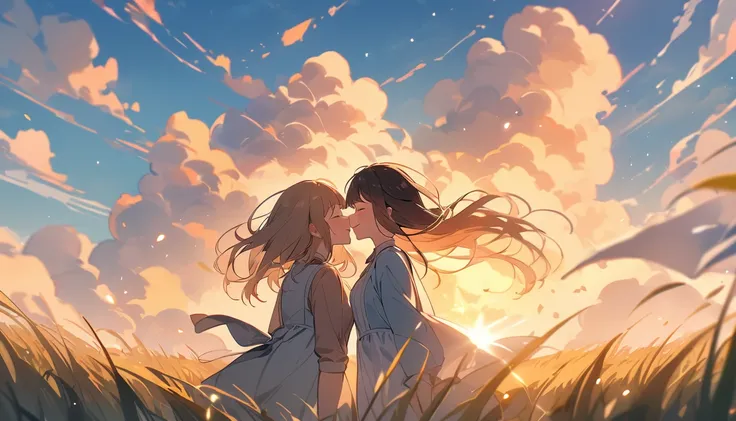 masterpiece, Highest quality, Movie stills, 1 Girl, Cloud Girl,Two Girls, Two good friends , Floating in the sky, close, bright, Happy, Warm and soft lighting, blue sky, (spark:0.7), Vast grassland