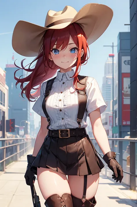 score_9, score_8_superior, score_7_superior, とてもbeautiful, sauce_anime, detailed, high quality, beautiful, masterpiece, detailed eyes,
Cityscape, Blurred Background,
Cowboy Shot, superiorper body,
Hat Adjustment, A light smile, Mouth closed, 
, Redhead, po...