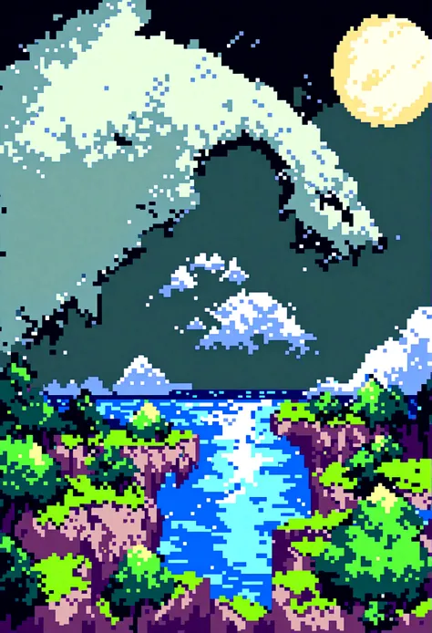 Pixel art of giant moon rising on calm sea, beautiful Detailed pixel art, Detailed pixel art, Lofidel retro video game, Concept pixel art, Detailed pixel artwork, Pixel art style, Pixel Town, Pixel Art Animation, High quality pixel art, Dolphins jumping ou...