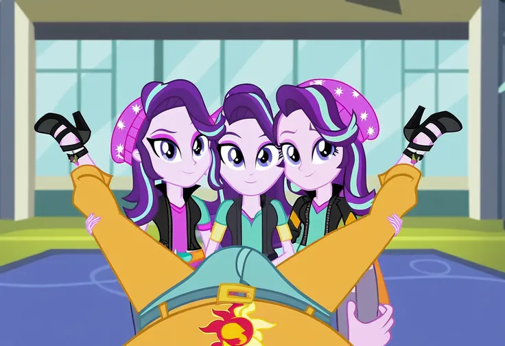 explicit, score_9, equestria_girls, cartoon, sunset_shimmer, starlight_glimmer, duo male, two girls and male pov, female, male, male pov, bulge_in_male_briefs, high heels, offscreen character, pov, straight, undressing, zipper, unzipping, open_fly, belt, s...