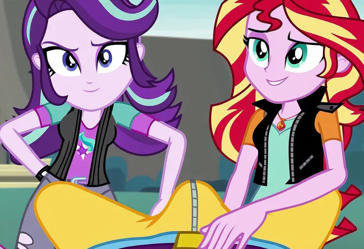 explicit, score_9, equestria_girls, cartoon, sunset_shimmer, starlight_glimmer, duo male, two girls and male pov, female, male, male pov, bulge_in_male_briefs, high heels, offscreen character, pov, straight, undressing, zipper, unzipping, open_fly, belt, s...