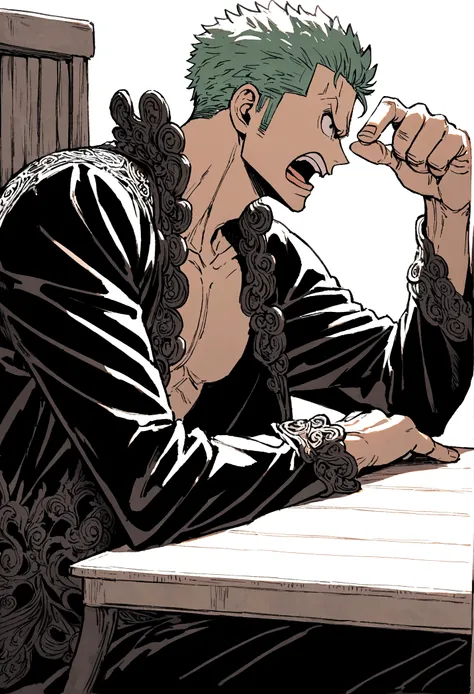 zoro from one piece sitting on chair and table, side profile, angry, one hand points to the side