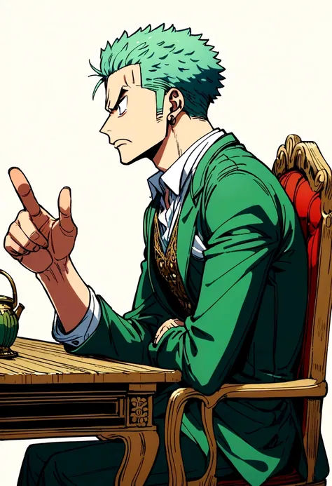 zoro from one piece sitting on chair and table, side profile, angry, one hand points to the side