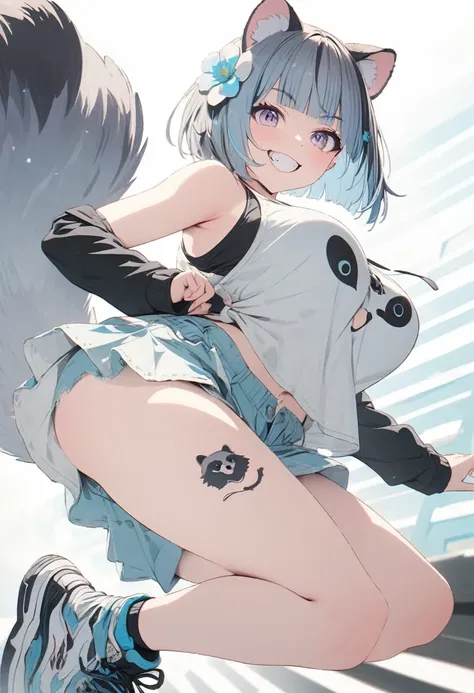 (best quarity,ultra detailed,ultra-high-resolution, absolutely resolution,8k, masterpiece),anime,(pale colors:1.8),long shot, 1girl, solo, fullbody, cat mouth, dynamic angle, grin, smile, fang, hiphop dancing, blue hair, bobcut, straight hair, racoon ears,...