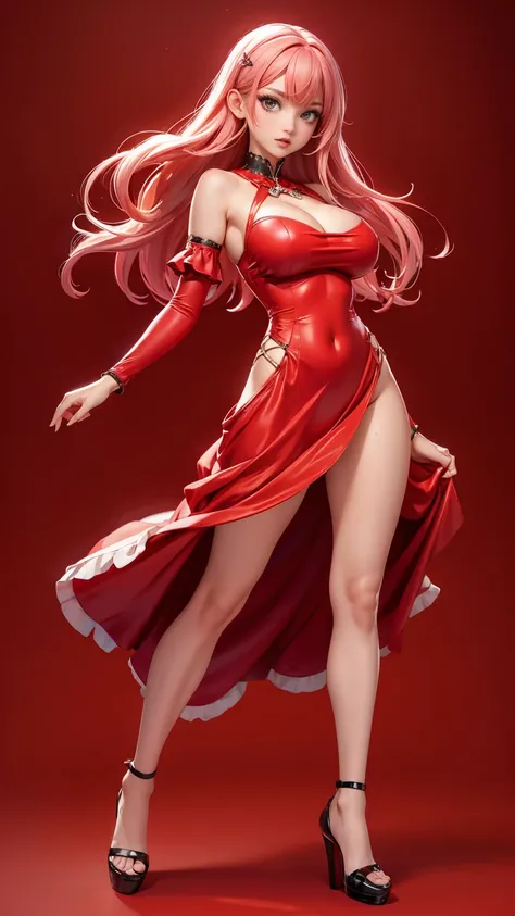 ((full_body))、Woman、red_background、big_breasts、Detailed、POP、vivid、pose、underboob、dress