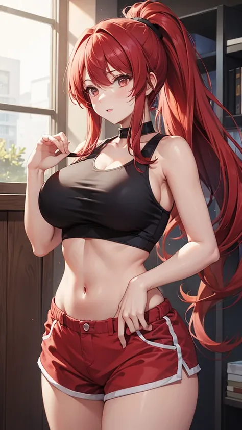 One woman,whole body,Big Breasts,Woman with long red hair and ponytail,Crop top,Shorts