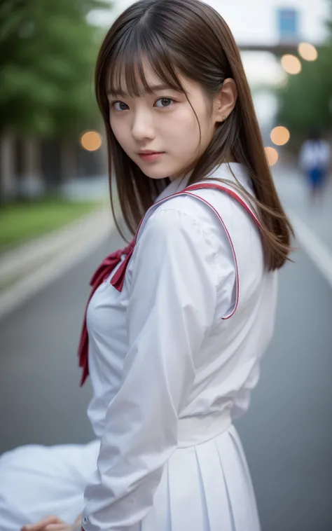 （8K、live-action、Raw photo、Highest quality、masterpiece：1.2),(Town、Outdoors,Front lighting:1.2),((Perfect lighting)),(濡れたhair),Watching the audience,Sexy pose, cute笑顔,Symmetrical eyes,18-year-old,student,White skin,knees,Small Face,前hairを真ん中から分けます、The forehe...