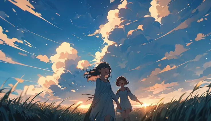 masterpiece, Highest quality, Movie stills, 1 Girl, Cloud Girl,Two Girls, Two good friends , Floating in the sky, close, bright, Happy, Warm and soft lighting, blue sky, (spark:0.7), Vast grassland