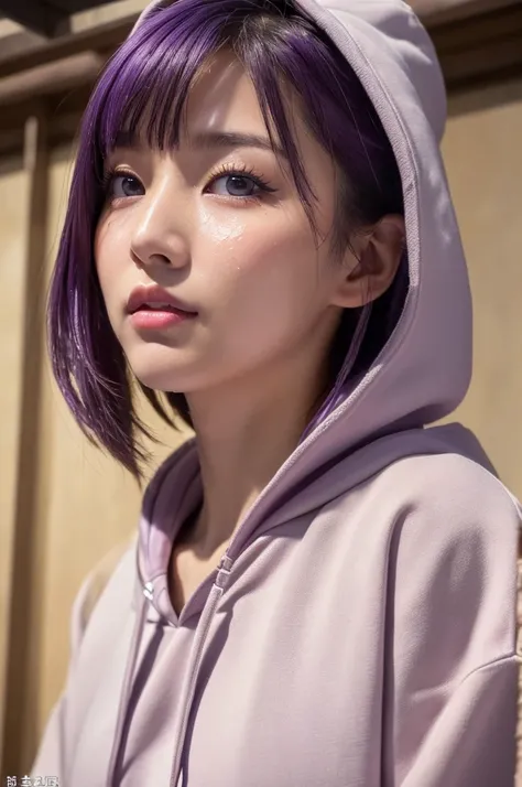 nsfw,Browsing Caution,RAW Photos,8K,(Highest quality),Realistic,(Live Action,Intricate details),(Natural skin texture, Detailed skin,Hyperrealism,Sharpness),((Composition looking up from below)),((Purple Hair:1.2)),(((Dowel Dabo Hoodie:1.2))),((全身にropeを巻く)...