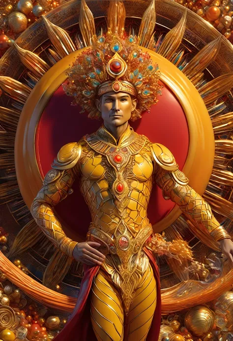 A male human figure who personifying the tarot of The Sun,  he is the wealthy one, the one who give richness to all the living beings, dressed in orange, gold yellow, rich amber and amber rayed red, collecting intelligence, The Lord of the Fire of the Worl...