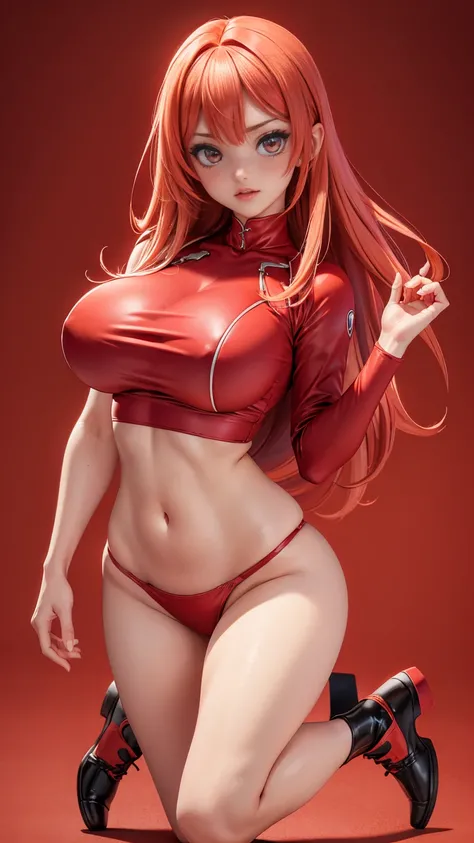 ((full_body))、Woman、red_background、big_breasts、Detailed、POP、vivid、pose、underboob、タンクトップ、ノースリーブ