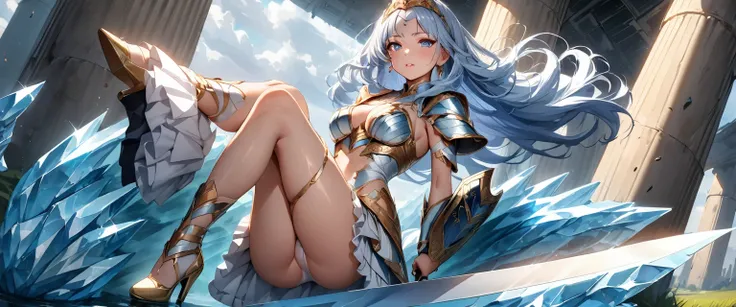 (Perfect Anatomy)、Mastepiece、Ultra High Quality、 8K、masterpiece、Highest quality、Ultra-high resolution、Maximum resolution、Very detailed、Professional Lighting、anime、woman、thin、so beautiful、Highly detailed eye、Highly detailed face、Blue and white armor, , Gold...