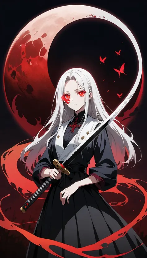 Blurred outline of existence, bright white eyes, ,Blurred outline of existence, Fully white glowing eyes,，White flowers on eyes，Fire  butterflys，Anime style，1 girl，Silver long hair，White spots on eyes，Black pleated skirt，Samurai sword in hand，Elegant Postu...