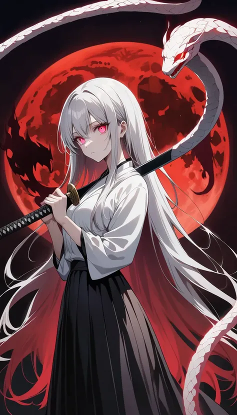 Blurred outline of existence, bright white eyes, ,Blurred outline of existence, Fully white glowing eyes,，White flowers on eyes，Fire  butterflys，Anime style，1 girl，Silver long hair，White spots on eyes，Black pleated skirt，Samurai sword in hand，Elegant Postu...