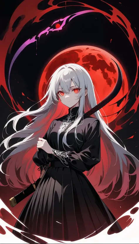 Blurred outline of existence, bright white eyes, ,Blurred outline of existence, Fully white glowing eyes,，White flowers on eyes，Fire  butterflys，Anime style，1 girl，Silver long hair，White spots on eyes，Black pleated skirt，Samurai sword in hand，Elegant Postu...