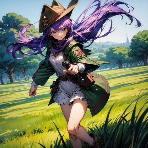 1girl, Full body version, 1character, adult version, blue eyes color, long haircut, purple colour hair, medieval style clothing, cowboy hat, revolver in hand, Grassroots, background in green field, motion blur, (Hunter x Hunter style)