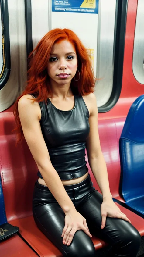 gorgeous red haired latina, cleavage, wearing leather pants and tight tank-top, sitting on subway