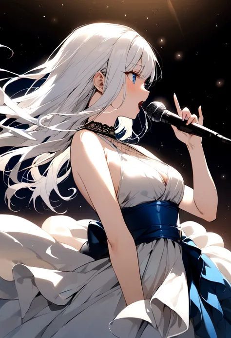 White Hair、semi-long、Grating、Blue eyes、singing、Girl