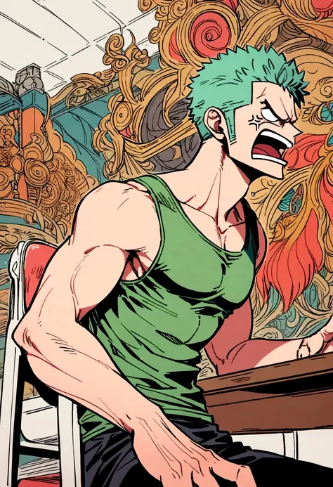 zoro from one piece sitting on chair and table, side profile, angry, one hand points to the side, tank top. 