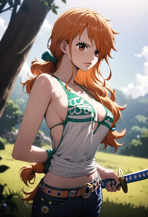 masterpiece, best quality), intricate details, 1 girl, woman, orange hair, nami  (one piece), (long hair), shirt, white shirt, female focus, clothes, wearing swimsuit, nature, scenery, upper body, ((front view)) ((close up shot)) ((solo)) ((hair over one e...