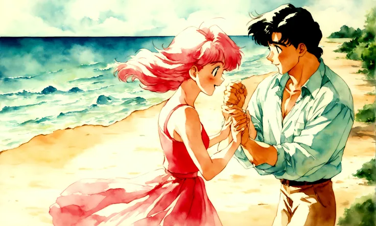 [Vintage Men&#39;s and Women&#39;s], Ancient Anime, 1980s (style), 1990s (style), watercolor (middle), , ((Highest quality)), ((masterpiece)), [Detailed], [Anime and manga images], [Women have small breasts], Couple dancing on the beach,