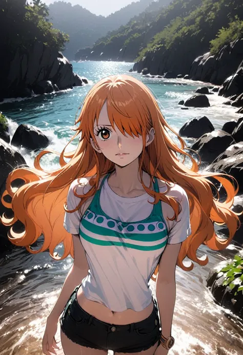 masterpiece, best quality), intricate details, 1 girl, woman, orange hair, nami  (one piece), (long hair), shirt, white shirt, female focus, clothes, wearing swimsuit, nature, scenery, upper body, ((front view)) ((close up shot)) ((solo)) ((hair over one e...