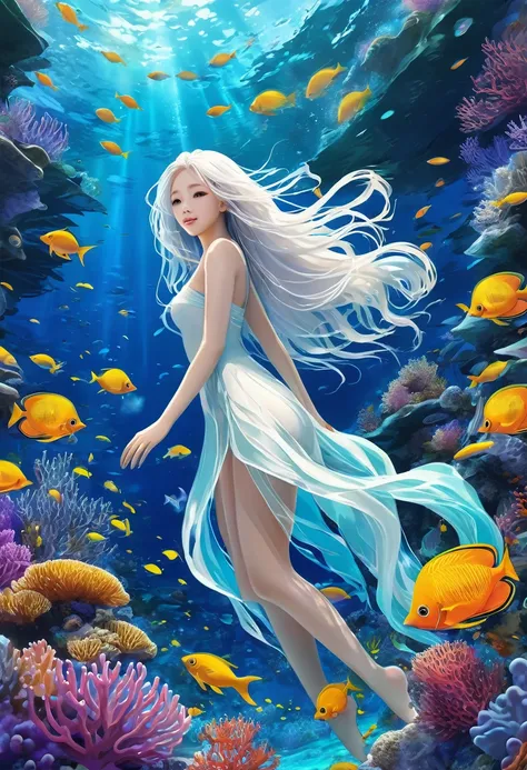 Conceptual Art of Marine Life, Underwater scenery, Life at sea，Beautiful coral reefs come in many shapes, 3d，, fish, Female anime fantasy illustration. Long white hair scattered in the sea, drift, Very harmonious. The painting as a whole adopts a messy and...