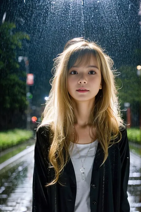 24year old beautiful girl、Half-Japanese beauty、Highest image quality、realistic、16K、beautiful woman、long hair、blondes、blondes、With bangs、Pretty slim、heavy rain、While walking through the Beach in the rain、wet from heavy rain、In the middle of Shibuya、大きめの胸、黒の...