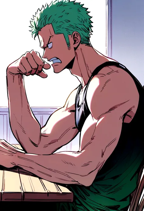 zoro from one piece sitting on chair and table, side profile, angry, one hand points to the side, tank top. 