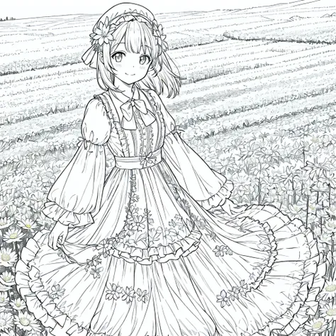 masterpiece, Highest quality, One girl, 一人in, length_hair, Looking_in_Audience, smile, 前hair, skirt, shirt, length_sleeve, hin, dress, bow, Holding, Closed_mouth, flower, Frills, hair_flower, flowerびら, flower束, Holding_flower, center_Frills, bonnet, Holdin...