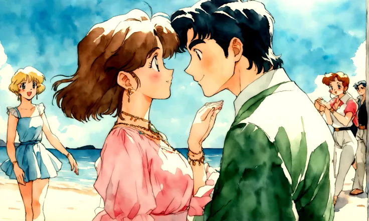 [Vintage Men&#39;s and Women&#39;s], Ancient Anime, 1980s (style), 1990s (style), watercolor (middle), , ((Highest quality)), ((masterpiece)), [Detailed], [Anime and manga images], [Women have small breasts], Couple dancing on the beach１Group,blue sky