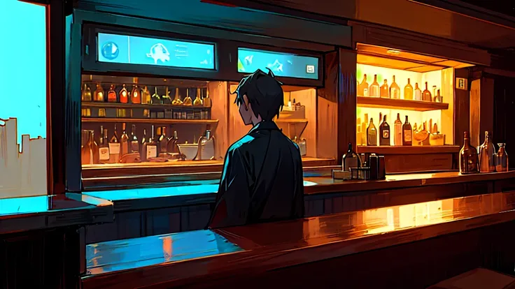 Bar at night, man talking with master at counter, high quality, high detail, 4k.8k