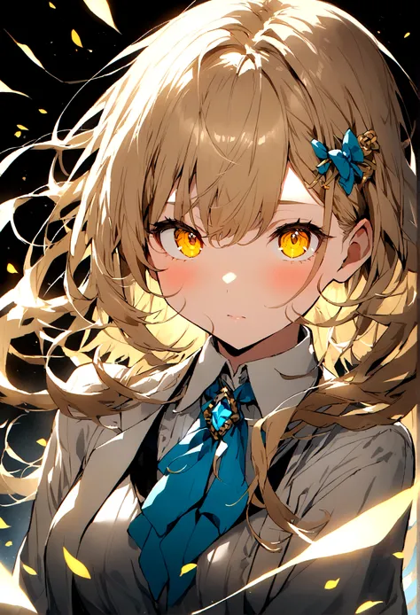 Light brown hair、long、Grating、Eyes are yellow、Wearing a light blue hairpin、Girl