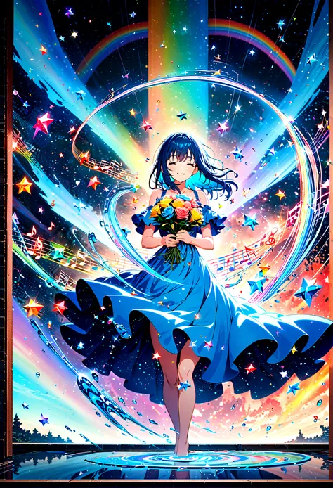 Anime style, ultra-detailed, 8K CG, blue-haired girl, smile, blue world, mysterious blue objects floating, star, (musical note), rainbow, blue dress, reflection, rainbow-colored water dancing around her. Rotating rainbow-colored water.(holding a bouquet)