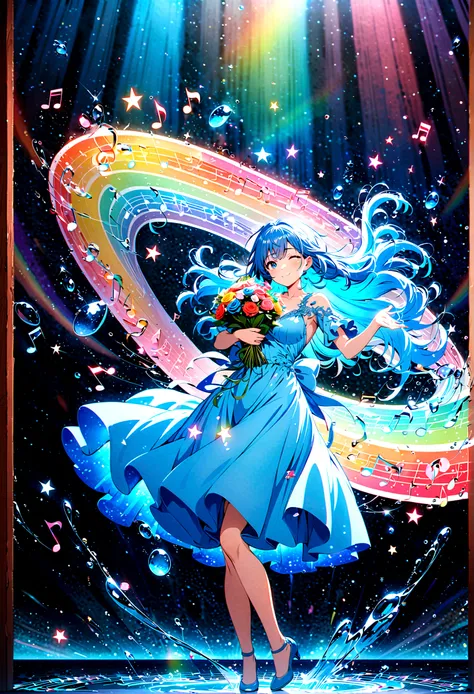 Anime style, ultra-detailed, 8K CG, blue-haired girl, smile, blue world, mysterious blue objects floating, star, (musical note), rainbow, blue dress, reflection, rainbow-colored water dancing around her. Rotating rainbow-colored water.(holding a bouquet)