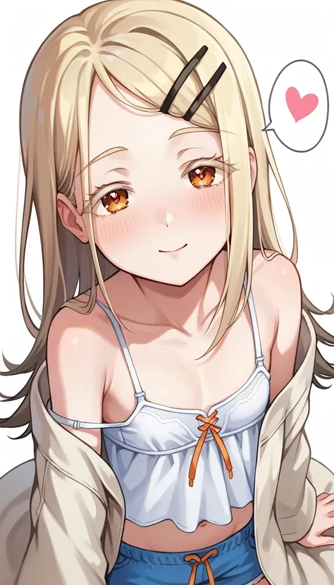 16k,score_9, score_8_up, score_7_up, source_anime,,super detailed , hiro-default,shinosawa hiro,slender,orange eyes,white eyelashes,blonde hair,long hair,hairclip,white camisole,blue shorts,coat, (heart eyes),(heart in eyes),spoken heart,very cute,half clo...