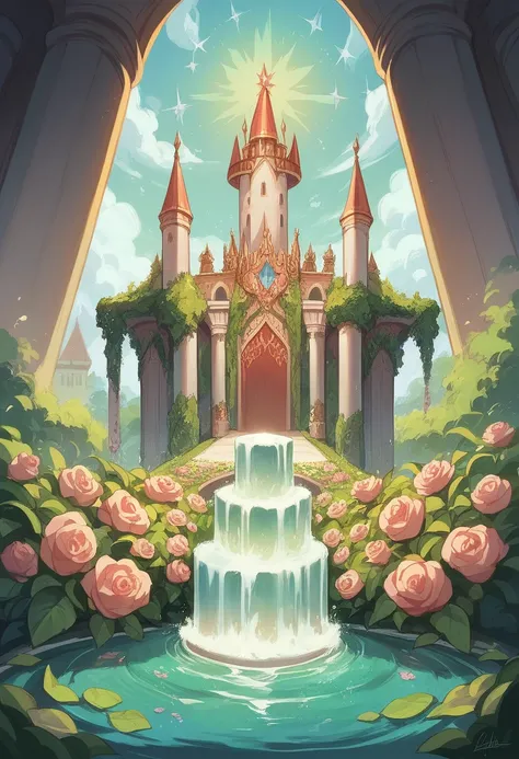 A majestic castle surrounded by flower gardens and crystal-clear fountains, with a king and queen of noble appearance, Wearing royal costumes, looking at the horizon with expressions of hope.