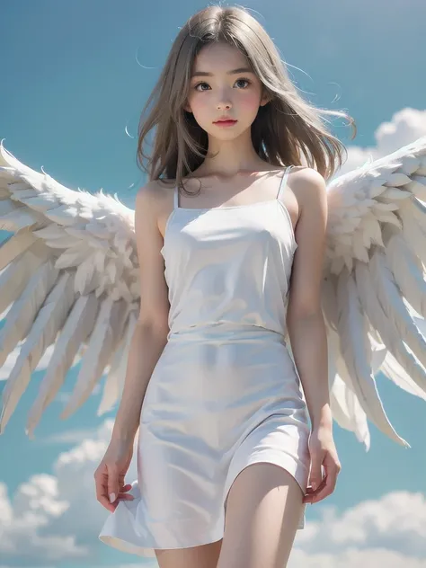 8K, raw photo, realistic, (detailed skin, best quality:1.2), (Angel Wings), ((white camisole dress)), (((:1.1))), (silver long hair:1.3, Short bangs), teenage girl flying high in the sky, (baby face:1.1, Neat face, whiter skin), thighs, Translucent white f...