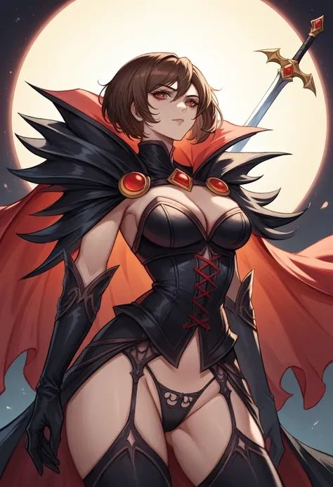 High body woman arafed with a black corset without panties, short brown hair, with a sword and a red cape., dark fantasy style art, by Arthur Pan, by Yang J, Abaddón and Magali Villeneuve, dark fantasy art, full view of the dark sorceress, diablo digital c...